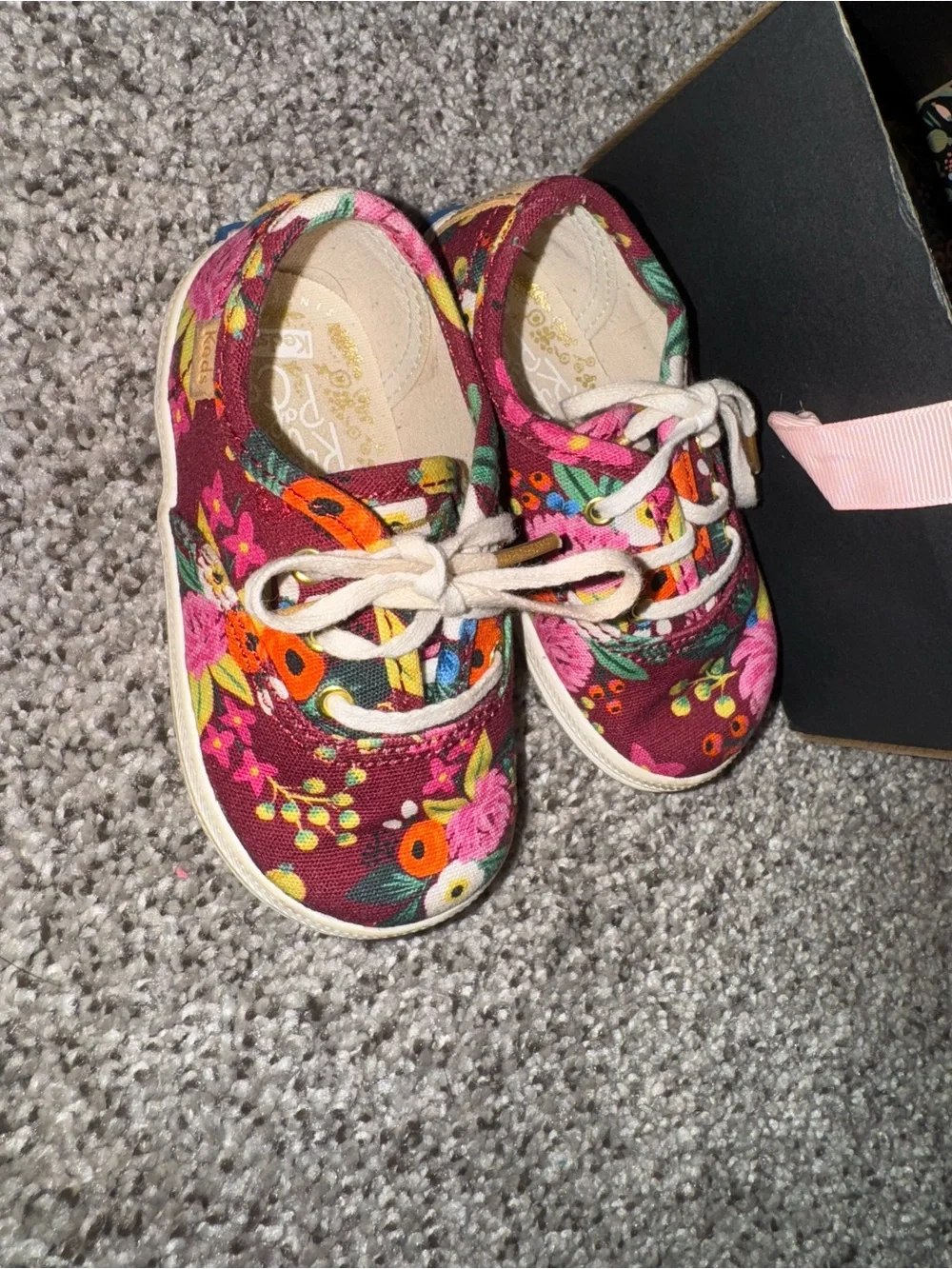 Keds Kids Floral Canvas Sneakers in Burgundy with Pink & Orange Accents